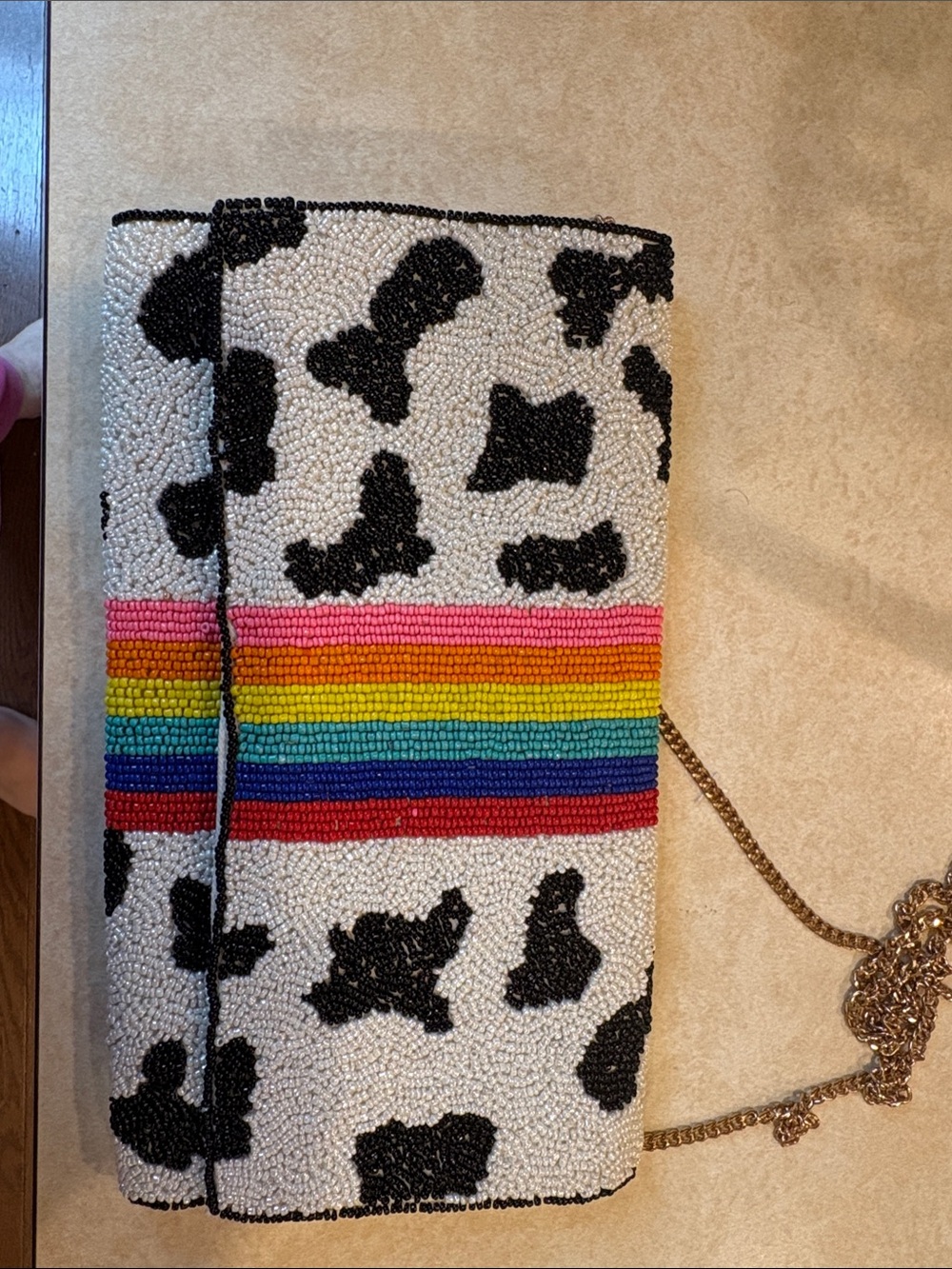 Beaded Cow Print Crossbody Clutch with Rainbow Stripe